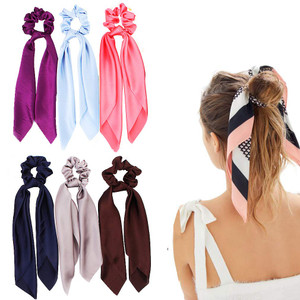Silk Satin Hair Scrunchies with Bow and Elastic Ponytail Holders (6 Solid Colors)