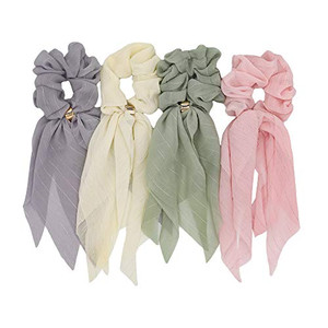 DINPREY Hair Scarfs for Women Girls, 8 Pcs Double Layer Bow Scrunchies for Hair Bunny Ear Scrunchies with Assorted Colors (Chiffon, 8 Count)