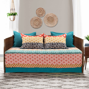 Lush Decor Bohemian Stripe Daybed Cover Set 6 Piece Set, 39" W x 75" L, Turquoise & Orange - Striped Bedding Set - Twin Quilt - Boho Decor