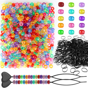 Snoghmil 1605pcs Hair Braid Kit Including 600pcs 9x6mm Glitter Pony Beads, 1000pcs Elastic Rubber Bands, and 5pcs Quick Beaders