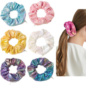 6 Piece Tie Dye Velvet Scrunchies with Hidden Metallic Hair Ties for Girls and Women (6 PCS Shiny Colorful Scrunchies)