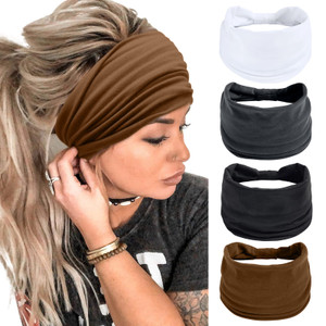 Huachi Wide Headbands for Women Black Stylish Head Wraps Boho Thick Hairbands Large African Sport Yoga Turban Headband Hair Accessories (Pack of 4)
