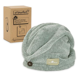 myHomeBody Hair Towel Wrap, Luxury Quick Drying Turban, Ultra Soft Absorbent Charcoal Fiber Cap, with Coconut Shell Button  Pine Green