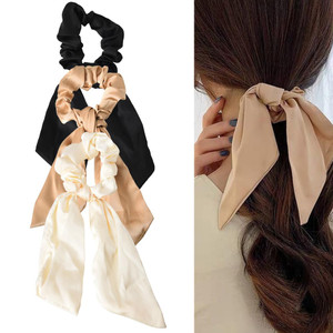 Silky Satin Hair Scarf Scrunchies with Ribbon Tails - Elastic Ponytail Holders for Women and Girls in Black, White, Beige for Thick and Thin Hair, 3P