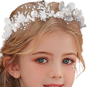 Campsis Flower Girl Headpiece Silver Princess Wedding Headband Girls Flower Pearl Hair Accessories for Birthday Party, Photography