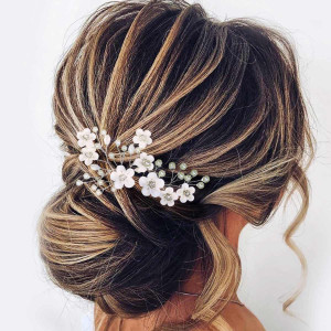 Fstrend Bridal Wedding Hair Pins White Flower Clip Gold Bride Hair Accessory for Women and Girls (Pack of 2) (Gold)