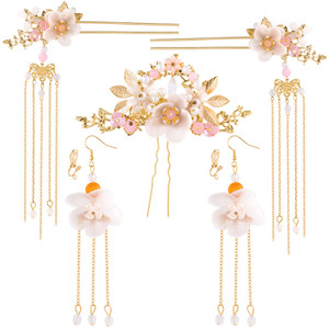 HINZIC 5Pcs Flowers Tassel Hair Pins Set, Crystal Rhinestone Pearl Hair Stick, Chinese Hanfu Traditional Wedding Classical Hair Accessories Earrings