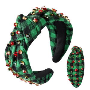 JERTOCLE Christmas Holiday Headband Xmas Hair Accessories Green Plaid Knotted Head Band for Women Embellished Crystal Top Knot Head Band Christmas Co