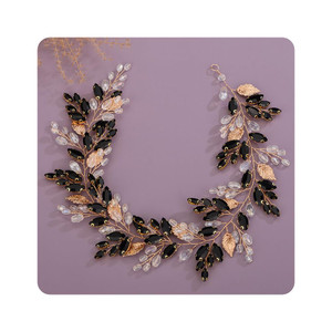 Kercisbeauty Gold Leaves Black Crystal Beads Headpiece for Women Wedding Bridal Hair Bands Boho Handmade Headband Prom (Gold)