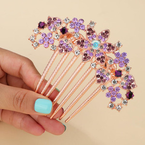 Chargances Luxury Glitter Rhinestone Flower Hair Comb Wedding Purple Crystal Heart Hair Side Comb Sparkly Gems Bridal Hair Accessories Headpiece for