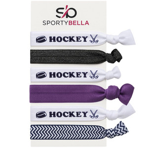 Hockey Hair Ties Set  6pc No-Crease Elastic Ponytail Holders for Girls, Players, and Fans, Purple, Black Accessories for Practice, Game Day, Party F