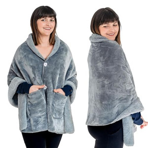 Premium Double Layer Poncho Blanket -No Sleeves Easy On Easy Off- Drape and Go- Top Christmas Gifts for Grandma, Gift for Mom and Elderly Women (Silv