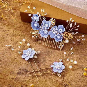Foyte Crystal Leaf Wedding Hair Comb and Hair Pins Blue Flower Headpiece Rhinestone Gold Hair Piece Bride Pearl Hair Accessories Set for Women