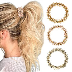 Brinie Pearl Rhinestone Pink Ponytail Holder Hair Ties and Scrunchies - Elastic Stretchy Hair Bands and Accessories for Women and Girls (Pack of 3)