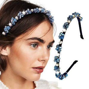 Firuilo Thin Headbands Blue Rhinestones Hair Bands Bling Crystal Beaded Head Bands for Women(Blue)