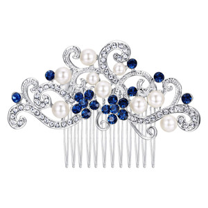 EVER FAITH Wedding Side Comb Accessories, Blue Austrian Crystal Cream Simulated Pearl Floral Vine Bridal Hair Piece for Women