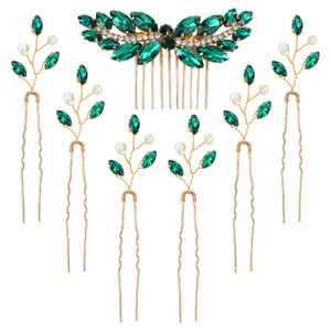 inSowni 7 Pieces Vintage Proms Bridal Wedding Glitter Green Rhinestone Crystal Gold Metal Hair Side Combs Slides U-shaped Hair Pins Accessories for W