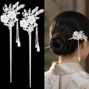 Chuangdi 2 Pcs Chinese Japanese Hair Sticks for Women Vintage Silver Rhinestone Long Hair Chopsticks Pearl Flower Pins with Tassel Traditional Hanfu