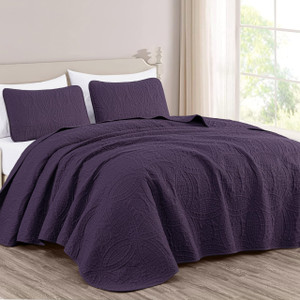 Chezmoi Collection Austin 3-Piece Oversized Bedspread Coverlet Set (Queen, Purple)