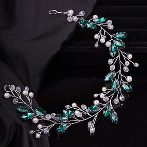 Teyglen Green Rhinestones Pearls Crystals Long Headband Handmade Bridal Silver Crystal Headband Wedding Hair Accessories for Brides Hair Pieces Headp