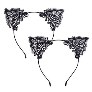 YAXAMING 2 Pcs Halloween Cat Ears Headband Lace Cat Hair Hoops Bands Animal Headpiece Hairband Women Xmas Festival Parade Wedding Masquerade Cosplay