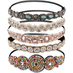AMCAMI 5Pcs Rhinestone Beaded Headbands for Women Elastic Head Wraps Handmade Crystal Bling Hairbands for Girls Vintage Hair Accessories Party Daily