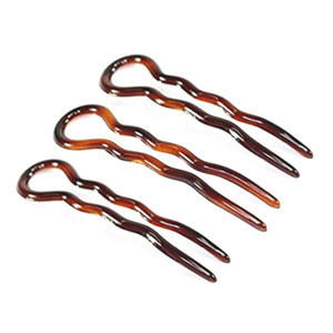 Parcelona French Sleek Brown Tortoise Shell Large 3 1/2" Celluloid Made in France Set of 3 Wavy Crink U Shaped Chignon Hair Pins Updo Bun Pin Sticks