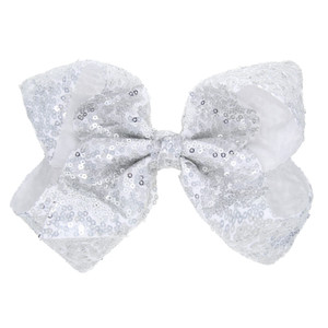 Xansema Hair Bows with Sequins: Large 8 Inch Alligator Clips and Barrettes for Girls, Women, Teens, and Kids (Silver)