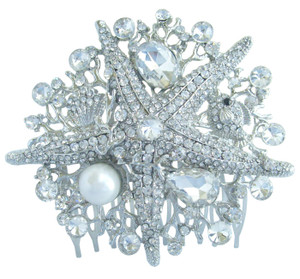 Sindary Wedding Headpiece 3.15" Rhinestone Crystal Pearl Bridal Starfish Hair Comb HZ6412 (Silver-Tone Clear)
