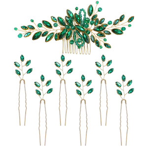 Dizila 7 Pieces Emerald Green Crystal Bead Party Prom Wedding Bridal Vine Leaf Hair Side Combs + Rhinestone U-shaped Hair Pins Headpieces for Brides