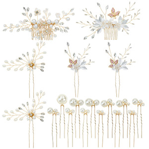 inSowni 18 Pack Gold Flower Bridal Wedding Hair Side Combs+U-shaped Pearls Hair Pins Hair Pieces Headpieces Accessories for Brides Bridesmaids Women