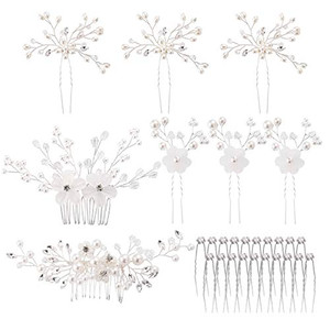 inSowni 28 Pack Silver Flower Pearl Wedding Bridal Hair Side Combs+U Shaped Hair Pins Clips Rhinestone Crystal Decorative Accessories Headpieces for