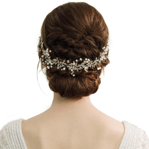 BABEYOND Bridal Headpiece Handmade Wedding Hair Vine Bead Crystal Floral Leaf Headband with Lace Ribbon