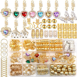 NAISKA 140Pcs Gold Hair Jewelry for Braids, Dreadlocks & Loc Accessories - Crystal Rhinestone Butterfly Pearls Pendant Hair Beads, Rings, Coils & Cuf