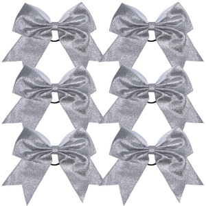 Cheerleader Bows Cheerleading 8 inch Sparkle Glitter Ponytail Holder Hair Tie School for High School College Girl Team Sports 6 Pcs  (Silver)