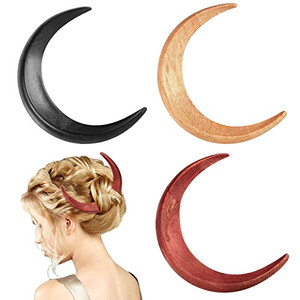 Taiyin 3 Pcs Moon Hair Fork Hairpin for Women 5.12'' Moon Stick Hand Carved Clip Thin Hair Accessories Wooden Barrettes Lightweight Styling Tool(Red,