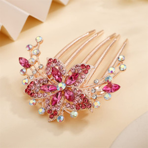 Aimimier Flower Crystal French Hair Comb Luxury Rhinestone Side Combs Long Teeth Hair Pins Decorative Hair Accessories for Women (Rose red)