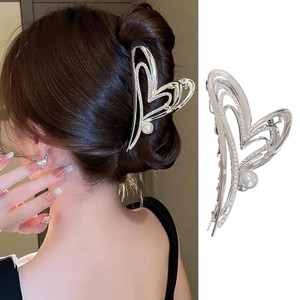 KOLONAMS Hair Clip, 1Pcs Valentine's Day Heart Shaped Rhinestone and Pearl Claw Clip, Strong Hold Sliver Hair Barrette for Hair Styling, Women Hair A
