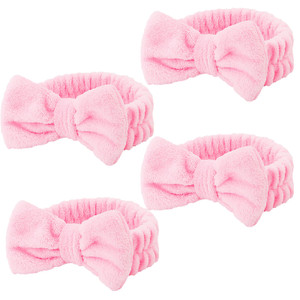 Casoty 4 Pcs Pink Spa Makeup Skincare Headband for Washing Face, Coral Fleece Face Wash Skin Care Headband, Spa Party Supplies for Women Girls