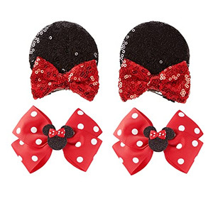 2 Pairs Mouse Ears Hair Clips & Mouse Hair Bows Barrettes for Women Girls Accessories Birthday Party Decorations Red