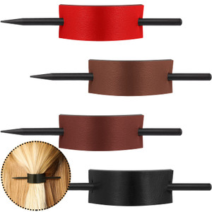 4 Pieces Leather Hair Barrettes with Stick Ponytail Clips - Hair Accessories for Women with Long Hair, 4 Colors (Black, Brown, Wine Red, Red)