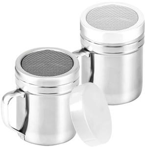 AHOKEL 2 Pcs Powdered Sugar Shaker Duster with Handle and Plastic Lid,Stainless Steel Fine Mesh Dredges Shakers,for Powder Sugar Cinnamon Cocoa Peppe