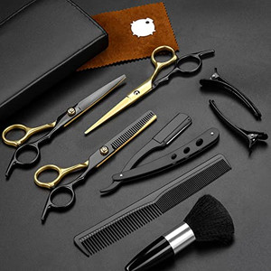 Hair Scissors,11Pcs Professional Black Gold Hair Cutting,Stainless Steel Barber Supplies,Straight, Thinning Shears, Multi Use Haircut Sets for Home S