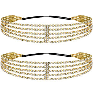 ANCIRS 2 Pack Multi Layered Elastic Headband for Women, Adjustable Rhinestone Bridal Headpieces, Stretchy Crystal Jewelry Hair Bands Accessories for