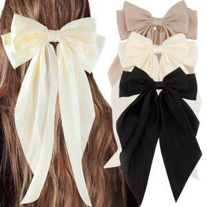 3Pcs Silky Satin Hair Bows for Women, Large Hair Barrettes, French Cute Hair Clips with Long Tails, Mexican Accessories (Beige, Khaki, Black)