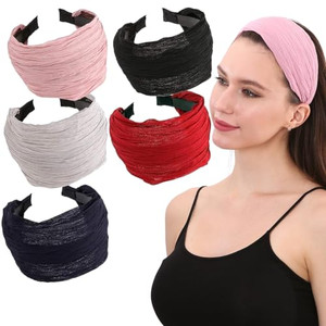LONEEDY 5 Pack Wide Hard Headband with Teeth for Women, Girlss Hair Band Pleated Cloth Fabric Hair Hoop Accessories (Mixed colors A)