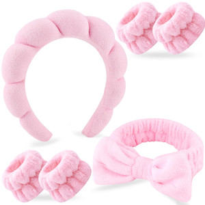 Zkptops 6Pcs Spa Headband for Washing Face Wristbands Set Women Bubble Makeup Sponge Terry Cloth Padded Puffy Skincare Headband Bow Tie Hairband Cute