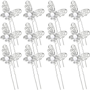 12 Pieces Butterfly Hair Pin Butterfly Hair Clips Crystal Pearl Hair Clips Bridal Wedding Hair Pins Bride Headwear Hair Accessories for Women(Charmin