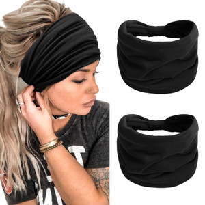 TERSE 2 Packs Headbands for Women Boho Extra Wide 7 Black Head Bands African Knotted Non Slip Fashion Hair Band Stretch Yoga Workout Running Gym Ha