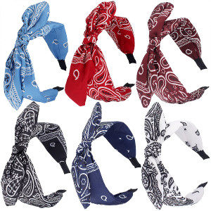 TOBATOBA 6pcs Paisley Knotted Bow Headbands with Removable Rabbit Ears - Top Knot & Turban Styles for Women & Girls